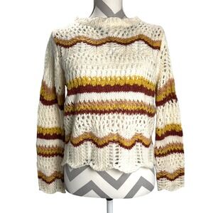 En Creme Ivory Striped Chunky Crochet Open Knit Cropped Sweater‎ Women's S/M